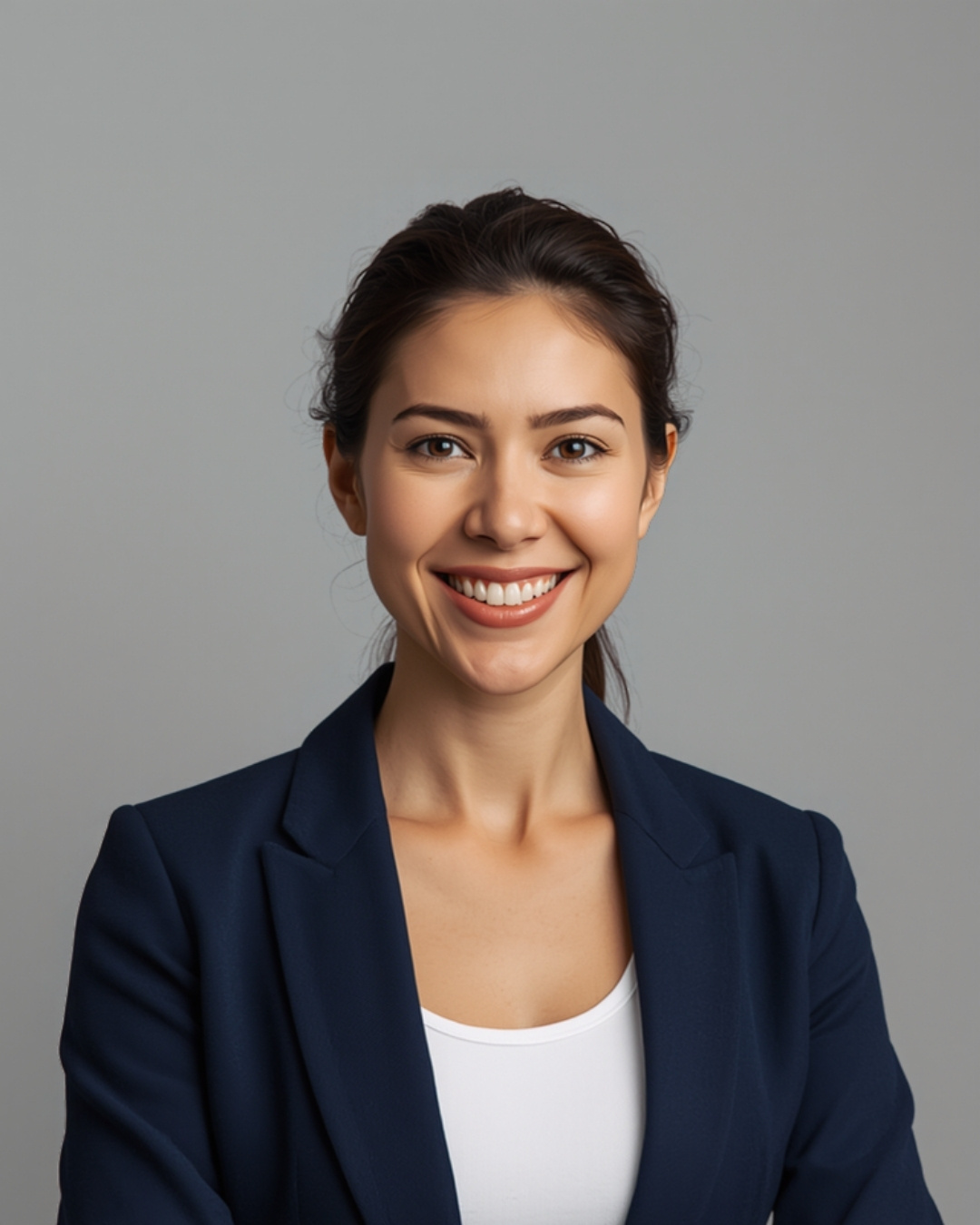 Avatar IA hiperrealista: mujer ejecutiva con blazer azul marino