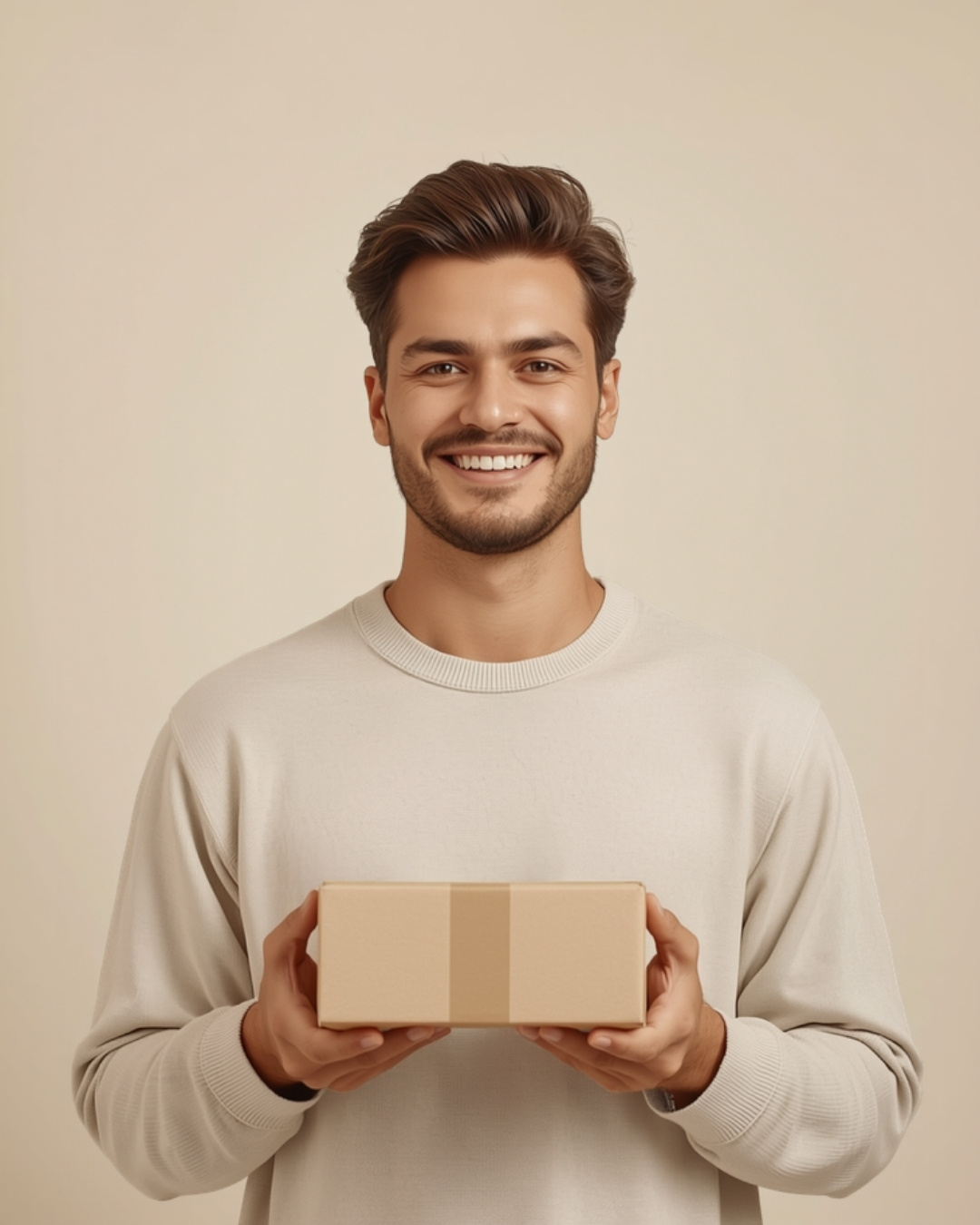 Avatar IA hiperrealista: presentador de producto con caja