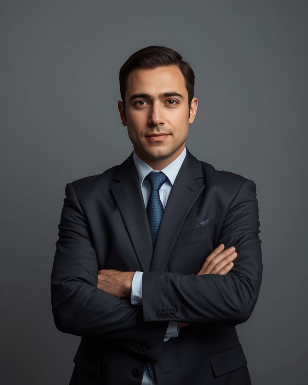 Avatar IA hiperrealista: ejecutivo con traje gris