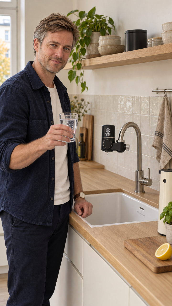 Hombre usando un filtro de agua UMA en la cocina, imagen hiperrealista creada con IA