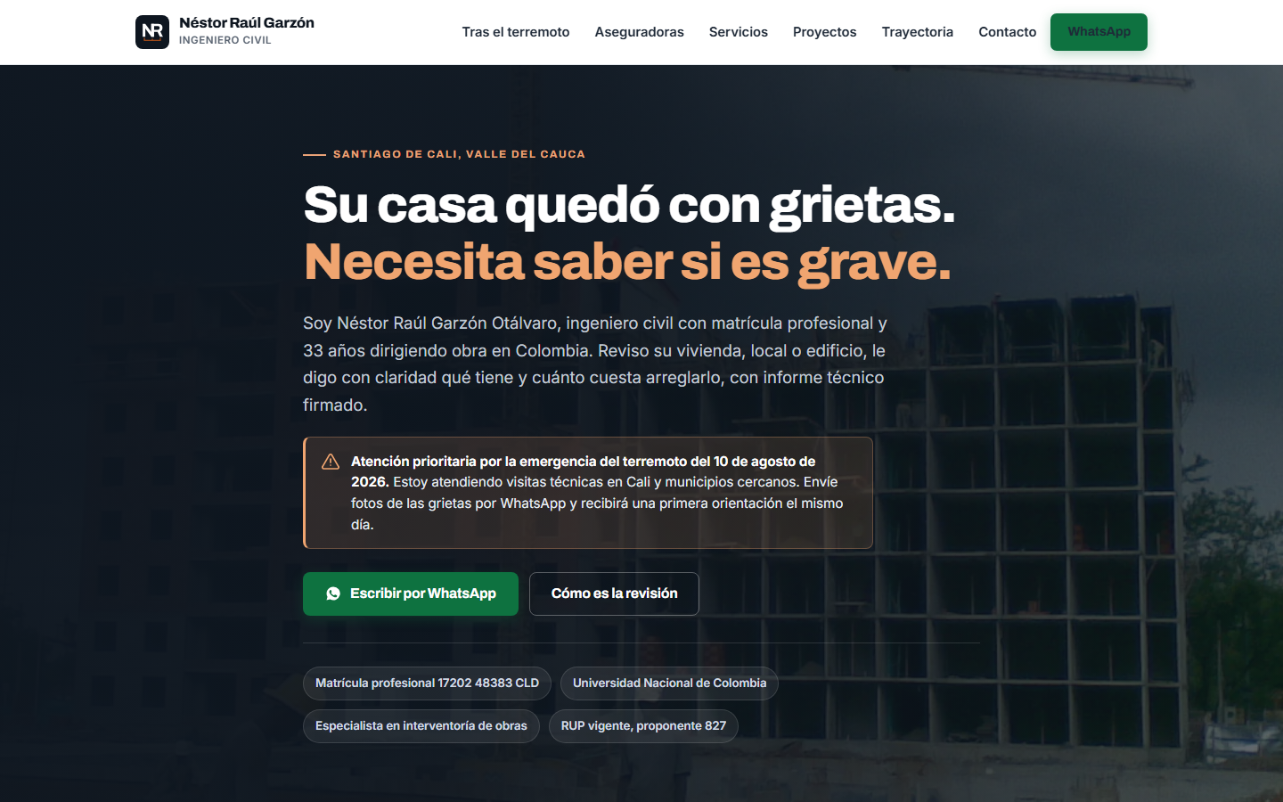 Website of civil engineer Néstor Raúl Garzón, desktop view