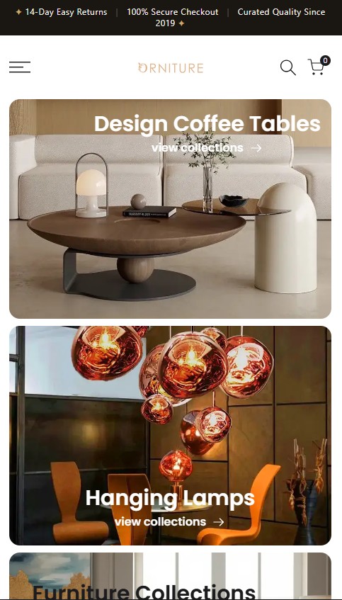 Orniture.com mobile view